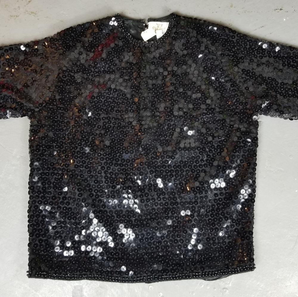 Vtg 50s CYN LES Beaded Sequin top Black Wool 
Sz 3